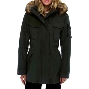 S13 New York Women's Size Large Black Faux Fur Hood Lined Utility Jacket